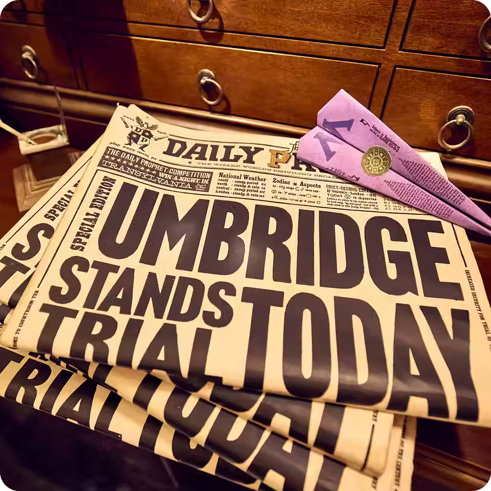A newspaper article reads "Umbridge Stands Trail Today." A pink paper airplane is sitting on it.