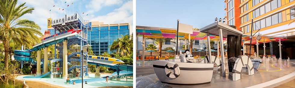 Palm trees and a water slide at a Disneyland hotel pool. Steamboat-themed play area with fountains and a colorful canopy. Sunny day.