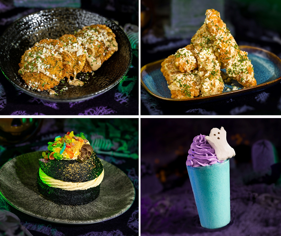 Fried chicken, a cupcake with colorful toppings, and a purple shake with a ghost marshmallow, all on Halloween-themed backgrounds.