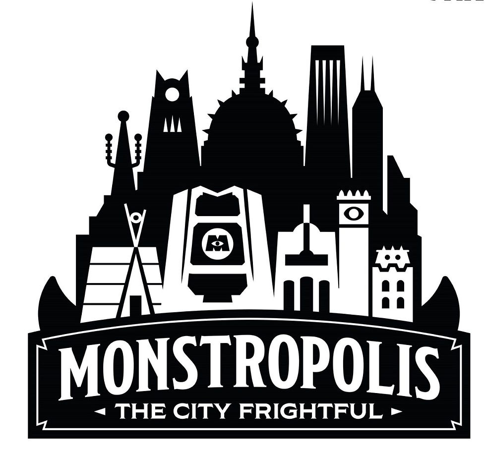 Black-and-white monster city skyline logo with eerie buildings and eyes; text reads MONSTROPOLIS, THE CITY FRIGHTFUL.