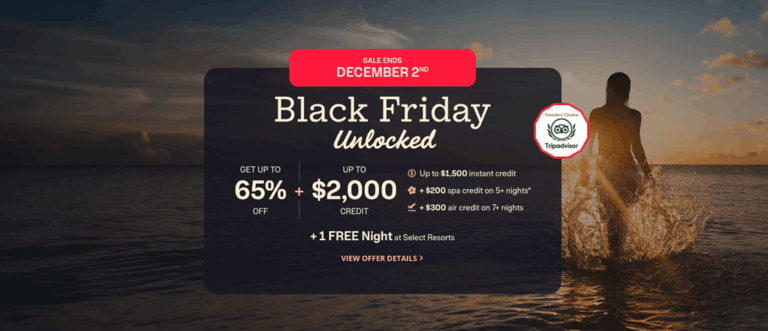 Black Friday ad shows savings up to 65% and $2,000 credit, ends Dec 2. Beach background with silhouette of a person in water at sunset.