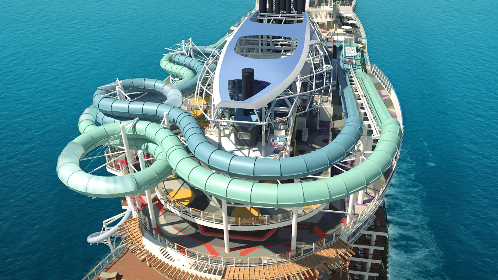 Arial shot of ship showing water slides and go kart track.