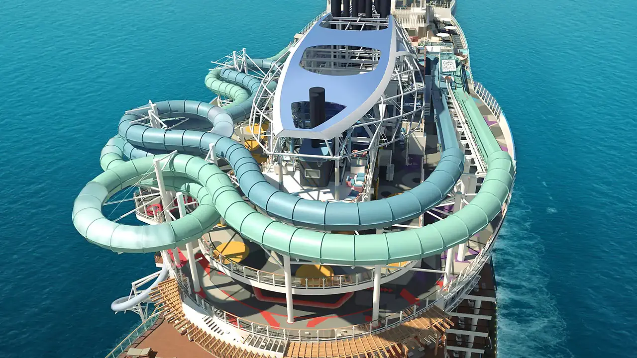 Arial shot of ship showing water slides and go kart track.