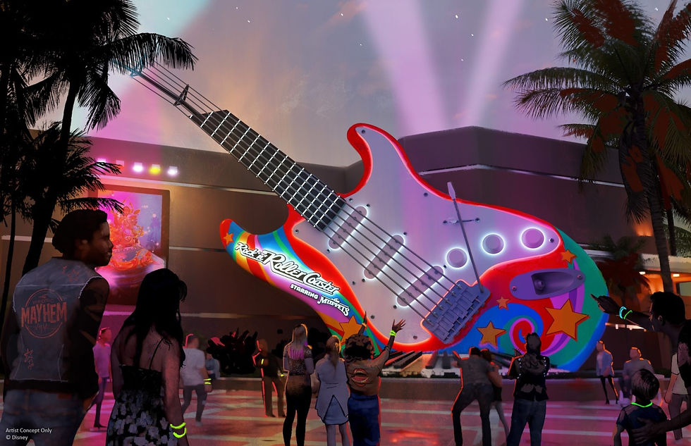 Crowd gathers around a large, colorful illuminated guitar with "Rockin' Roller Coaster" text. Palm trees and lights create a lively atmosphere.
