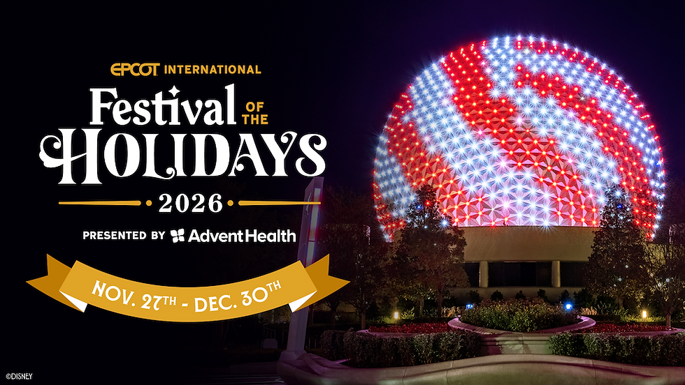 EPCOT International Festival of the Holidays 2026 poster with a glowing red-white sphere and date banner Nov. 27-Dec. 30.