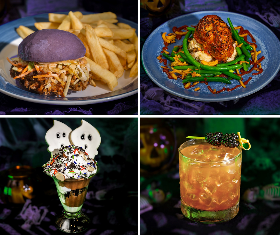 A purple burger with fries, chicken with greens, ghost-themed sundae, and a cocktail with blackberries, all set in a Halloween-themed setting.