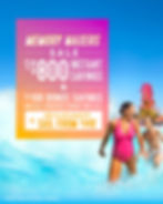 Woman in pink swimsuit and child splash in bright blue water. Promo text offers cruise savings. Background: vibrant waterslide, clear sky.