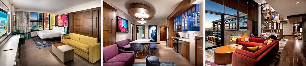 Three modern hotel suites with colorful decor: a cozy bedroom, a kitchen with blue cabinets, and a living room with a red sofa and city view.