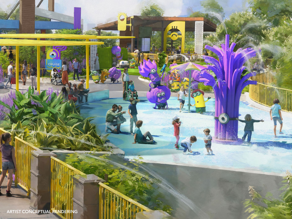 Artist conceptual rendering of a colorful Minions-themed water play area with families, purple splash towers, and CRUISE sign.