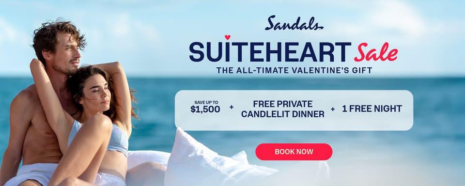 Couple relaxing on beach with blue sea, Sandals Suiteheart Sale ad offers discounts, a private dinner, free night. Mood: romantic, serene.
