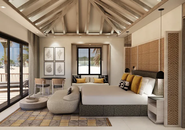 A bungalow style bedroom has calm neutral colors.