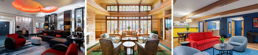 Three distinct hotel lounges: vibrant ceiling lights and red chairs; a cozy room with large windows; modern decor with blue and red accents.
