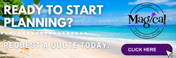 Beach scene with turquoise water and white sand. Text: "Ready to start planning? Request a quote today." Logo and "Click Here" button.