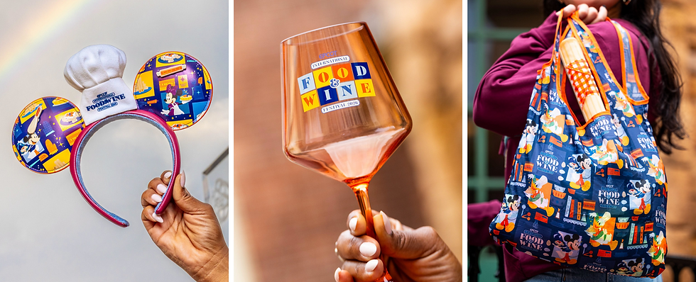 Hands hold Disney Food & Wine Festival merch: Mickey ears headband, amber wine glass, and tote bag in warm close-ups.