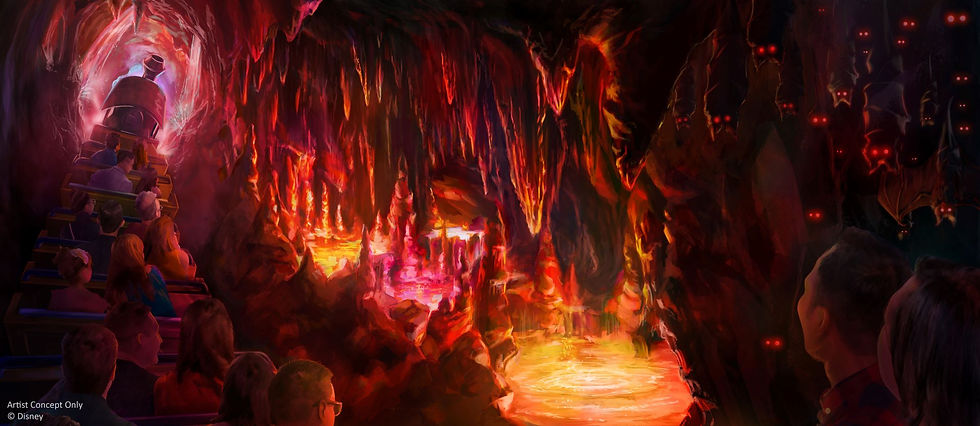 People ride a mine train through a glowing red and orange cavern, with stalactites and eerie red-eyed creatures watching from above.
