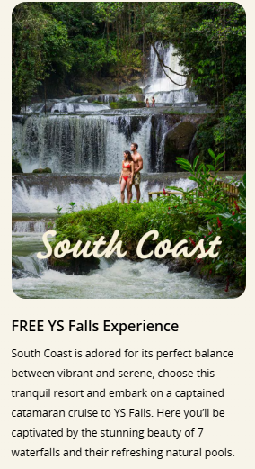A photo of a couple near a waterfall with the caption South Coast.