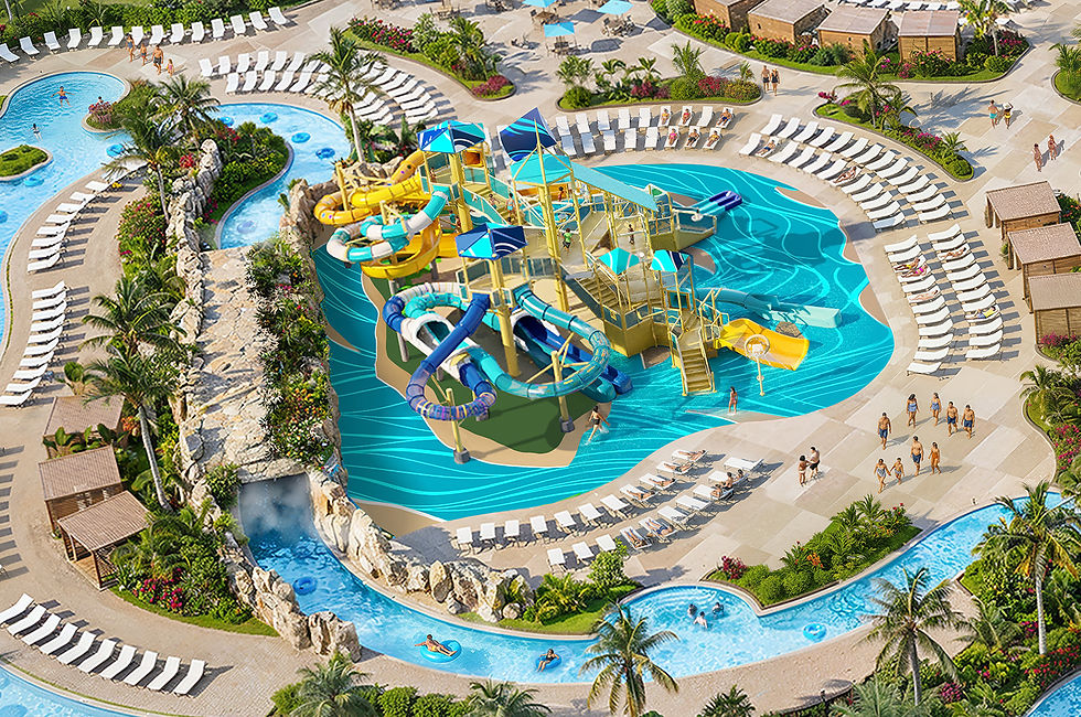 Aerial view of a tropical resort water park with colorful slides, winding lazy river, palm trees, and guests lounging on white chairs.