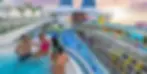 Four people relax in a colorful cruise ship hot tub, drinks in hand, against a vibrant waterslide and sunset sky backdrop.