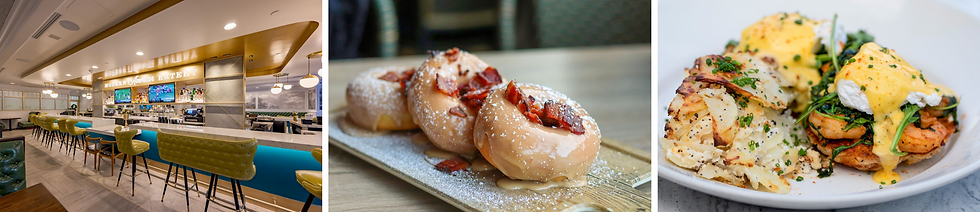 Modern eatery with green stools and bar. Left: Bacon-topped donuts on a plate. Right: Eggs Benedict with potatoes on a white dish.