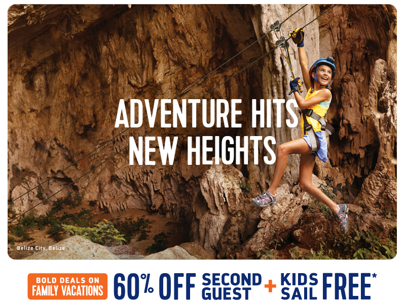 A joyful person ziplining in a cave, wearing a helmet and harness. Text: "Adventure Hits New Heights." Offer: 60% off vacations.