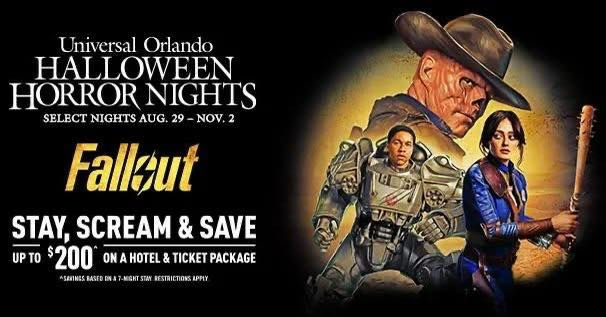 Universal Orlando promo for Halloween Horror Nights features Fallout characters in action poses. Text: Stay, Scream & Save with hotel deals.