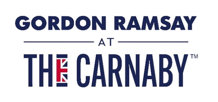Text "Gordon Ramsay at The Carnaby" in bold navy font. The "E" in "THE" features a Union Jack design, set against a white background.