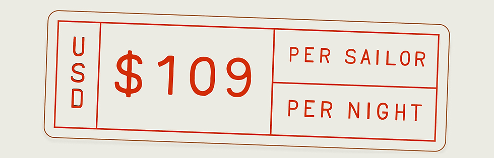 Red text on a white background shows "USD $109 PER SAILOR PER NIGHT" in a boxed layout, suggesting pricing information.