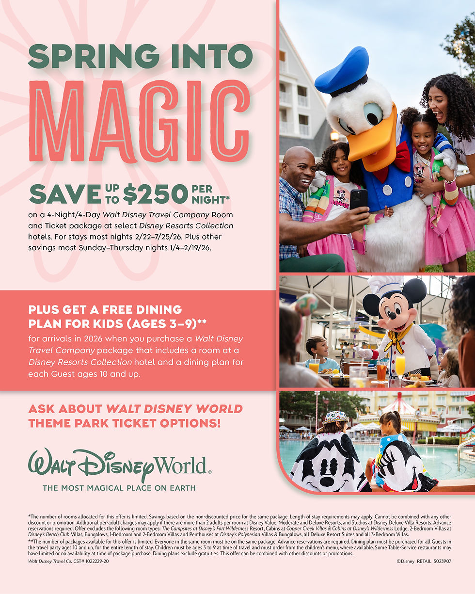 Smiling family with Donald Duck. Save up to $250 per night at Disney Resorts. Mickey Mouse dining. Promo text and Disney World logo.