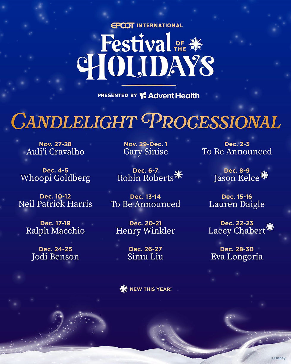 EPCOT International Festival of the Holidays poster with candlelight procession dates, performer names, and snowy blue festive background