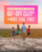 Four people stand on a rocky ledge overlooking a lush landscape at sunset. Text: "60% Off Second Guest + Kids Sail Free." Cozumel, Mexico.