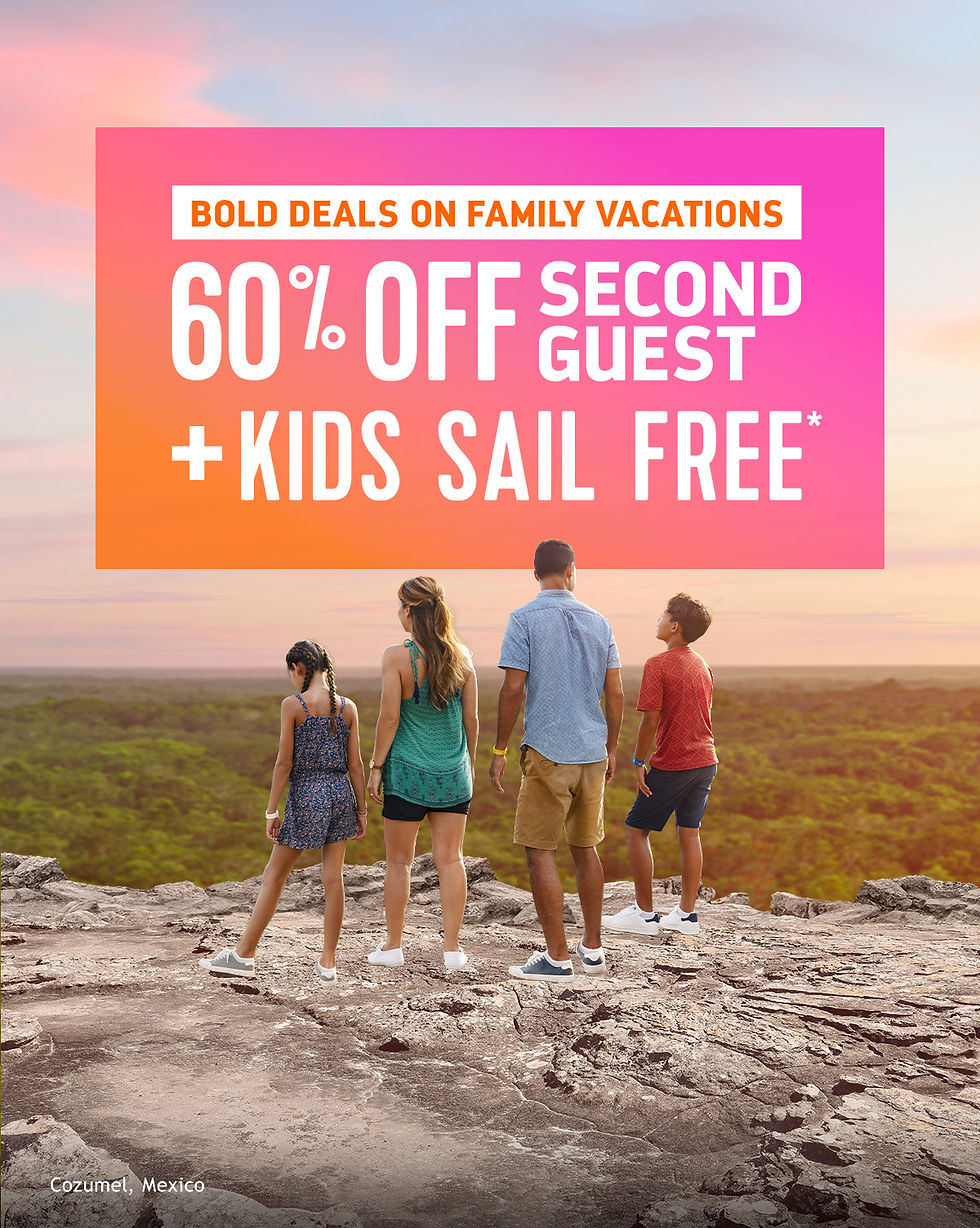Four people stand on a rocky ledge overlooking a lush landscape at sunset. Text: "60% Off Second Guest + Kids Sail Free." Cozumel, Mexico.