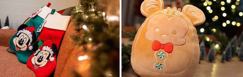 Christmas stockings featuring Mickey and Minnie on a couch next to a plush gingerbread mouse with festive background lights and decor.