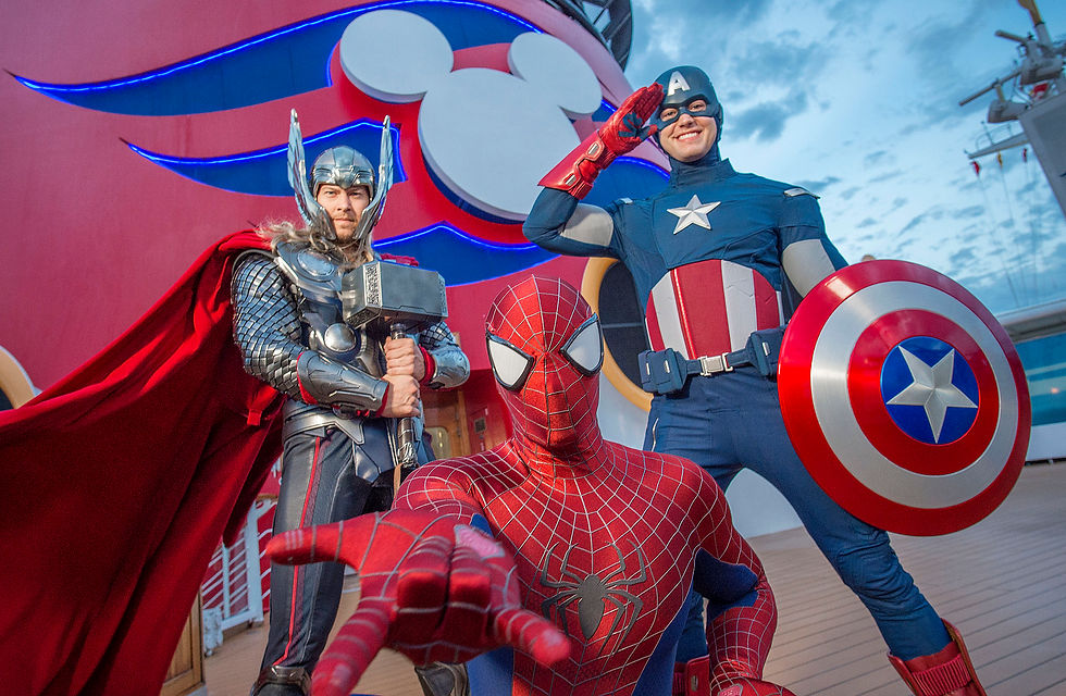 Superheroes Thor, Spider-Man, and Captain America pose on a ship deck with a Mickey logo. Captain America salutes, sky background visible.