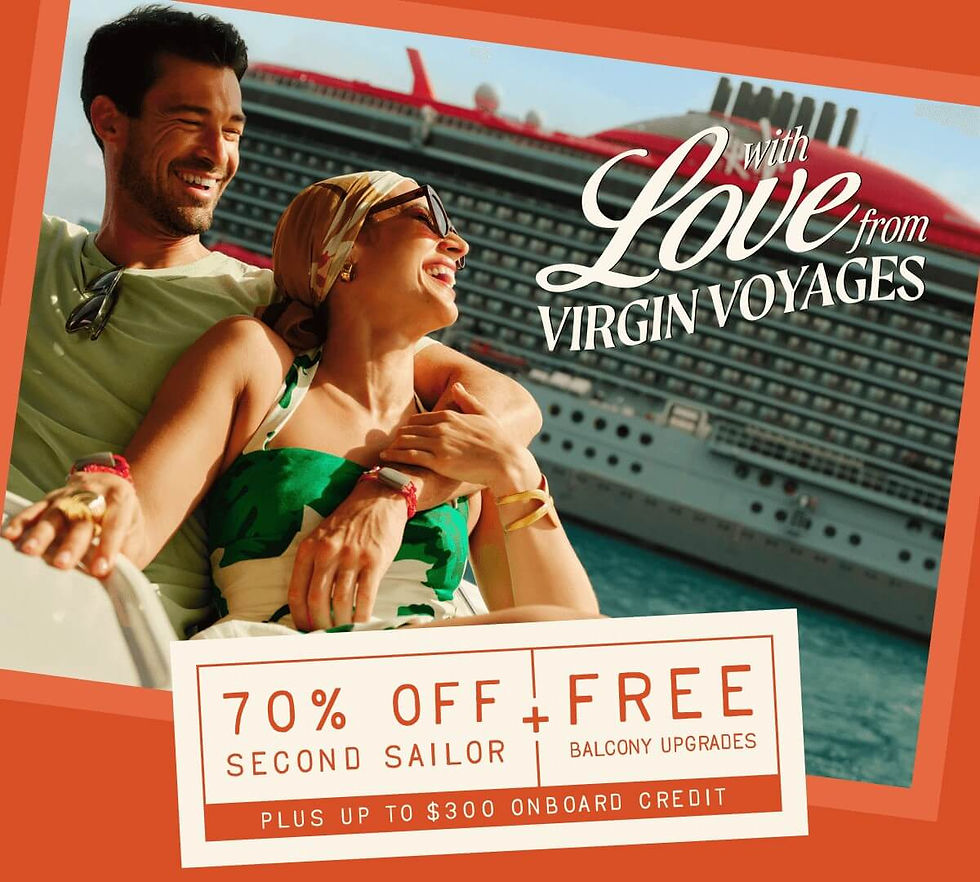 Couple smiling on a cruise ship deck with "With Love from Virgin Voyages" text. Red ship in background. Offer: 70% off second sailor.