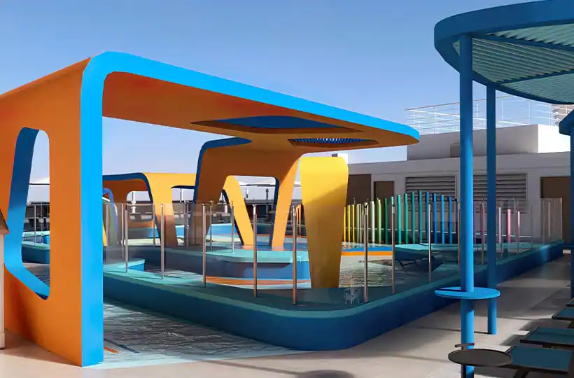 An outdoor area of a cruise ship that has blue and orange arches.