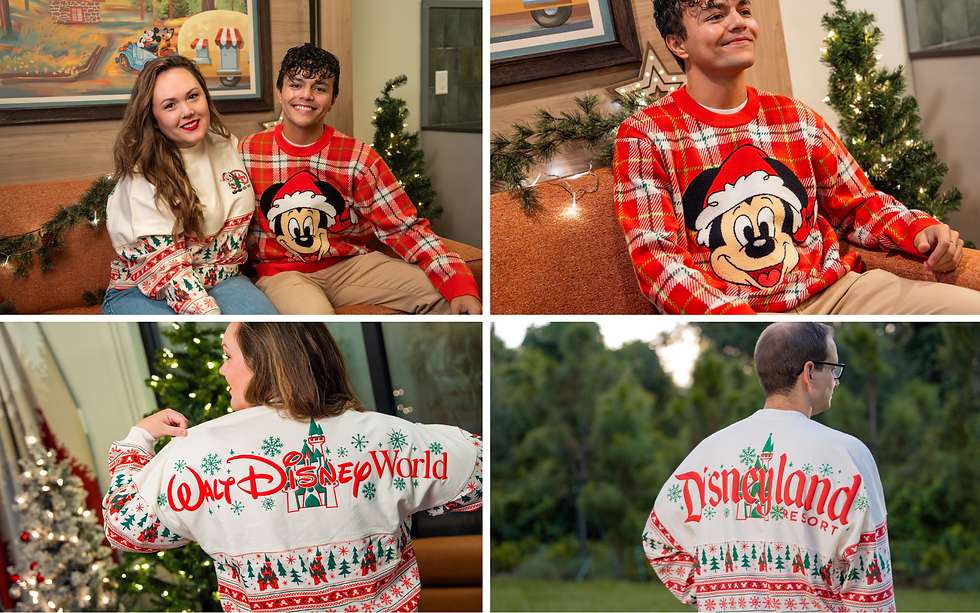 Two people in festive Disney sweaters sit on a couch, smiling. Background has Christmas decor. Text: "Walt Disney World" and "Disneyland Resort."