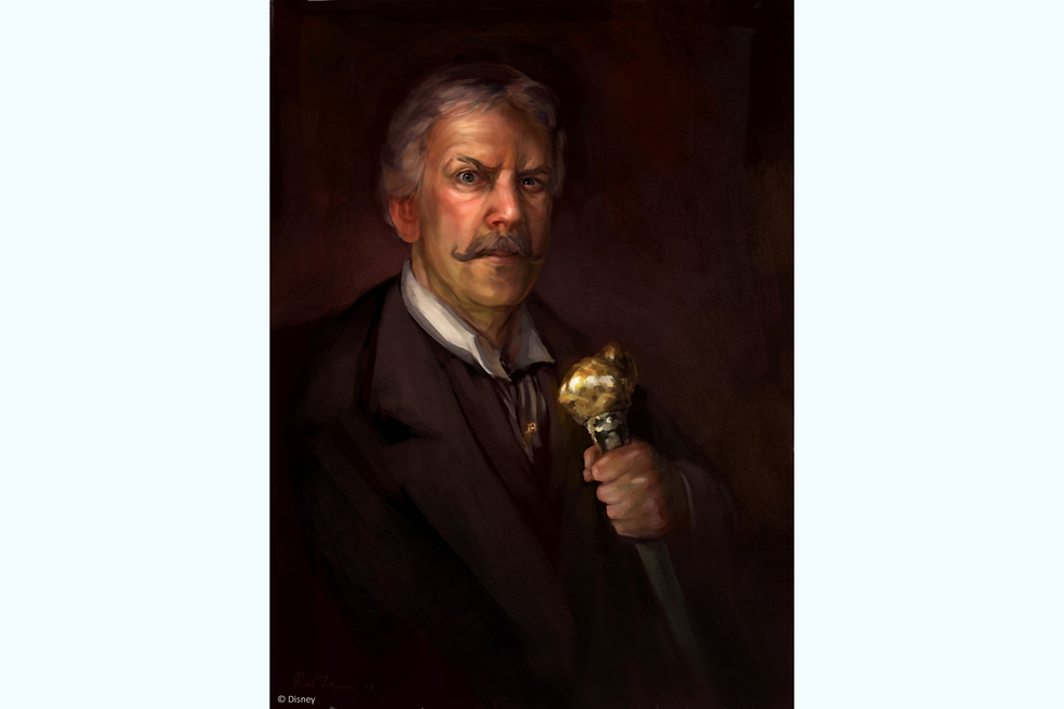 A stern man with a mustache holds a gold-topped cane. Dark background, formal attire. Solemn expression, warm lighting.
