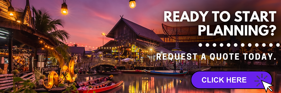 Scenic riverside at sunset with boats, lanterns, and wooden buildings. Text: "Ready to Start Planning? Request a Quote Today. Click Here."