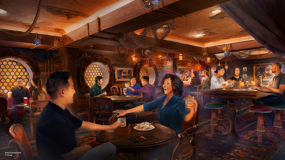 People enjoying drinks and food in a warmly lit, nautical-themed bar with porthole windows. Lively, social atmosphere.