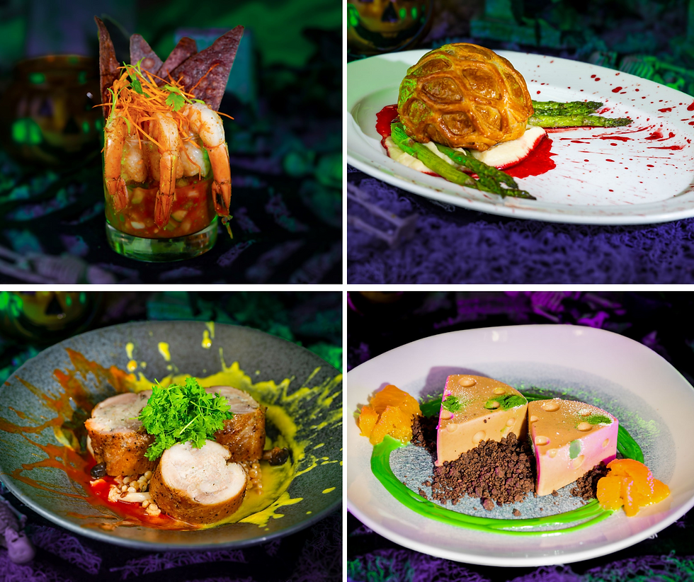 A collage of gourmet dishes on vibrant backgrounds: shrimp cocktail with chips, pastry dish on asparagus, stuffed chicken on sauce, and colorful dessert.
