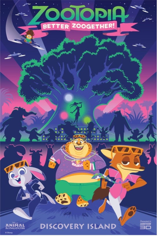 Cartoon animals in colorful outfits dance with 3D glasses under a neon-lit tree. "Zootopia Better Zoogether!" text. Festive mood.