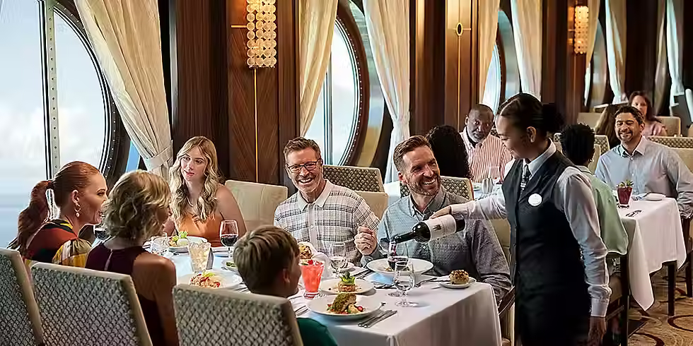 A family is dining together on a cruise ship.