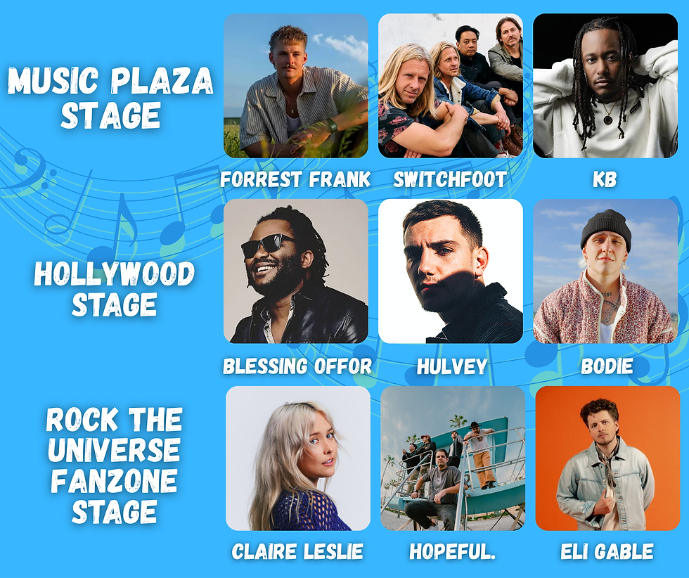 Musicians' promo on blue background with music notes. Stages: Music Plaza, Hollywood, Rock the Universe Fanzone. Casual, creative vibe.