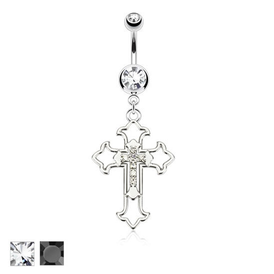 SILVER LARGE CLEAR CROSS NAVEL BELLY RING
