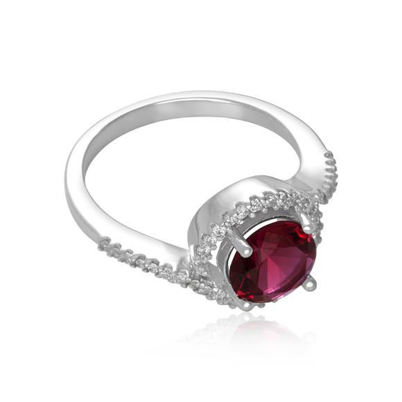 Solid Sterling Silver Twisting Halo Round Ruby Red CZ Cocktail Ring