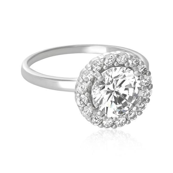 Thumbnail: Sterling Silver Halo Round Simulated Diamond Ring