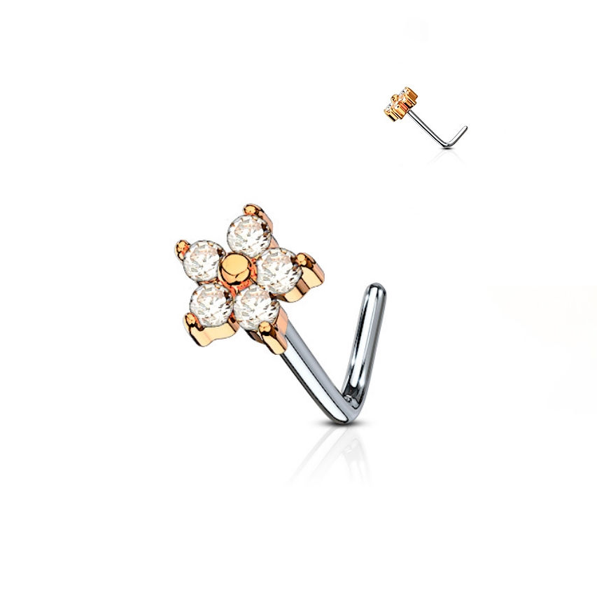 サムネイル： ROSE GOLD IP DAISY DIAMOND FLOWER NOSE PIERCING L SHAPED STUD