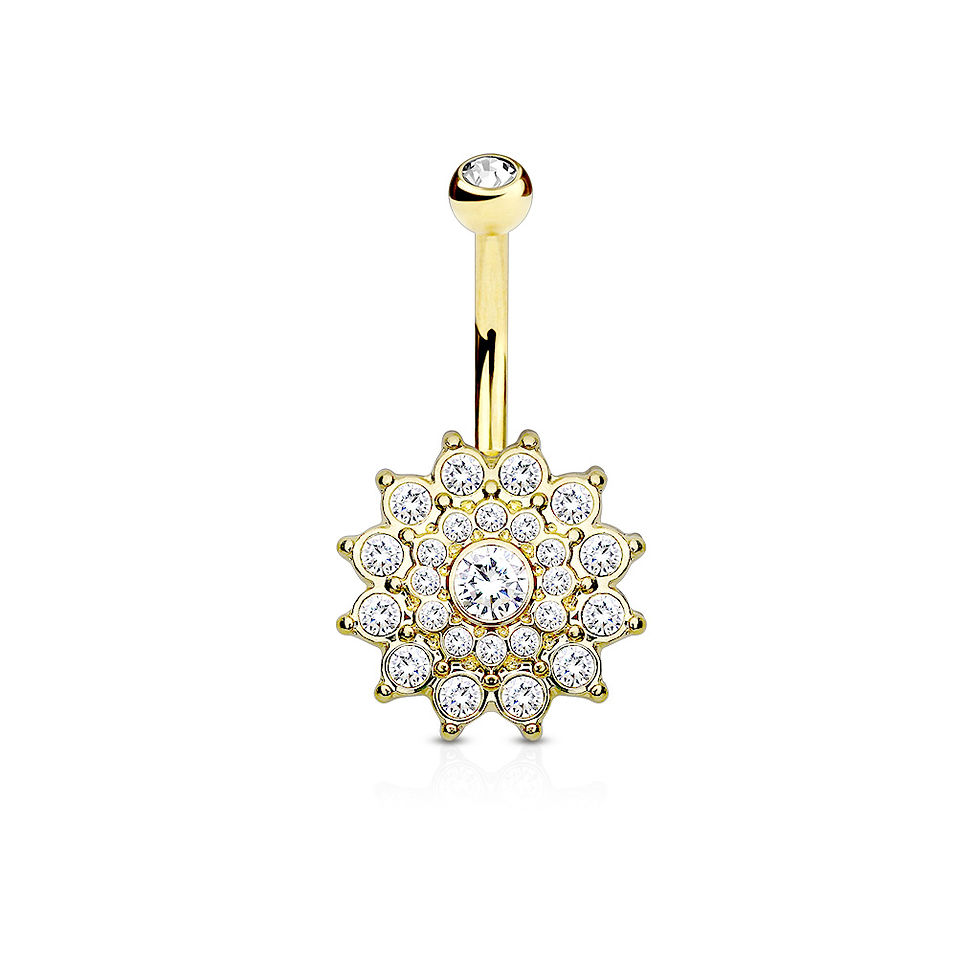 YELLOW GOLD SIMULATED DIAMOND DAHLIA FLOWER CLUSTER BELLY NAVEL RING