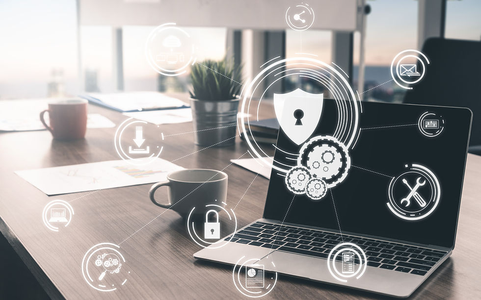 Laptop on wooden desk with digital security icons overlaid, including a shield and gears. Blurred office background, coffee cup nearby.