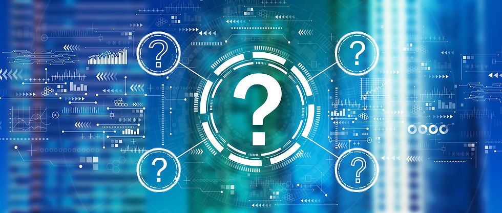 Futuristic blue digital interface featuring central question mark, surrounded by graphs and data symbols, indicating uncertainty.